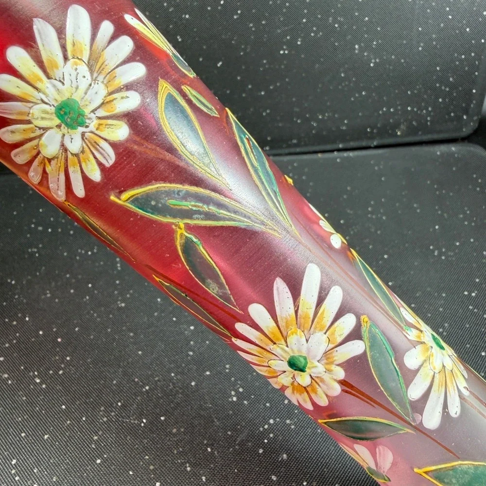 Satin Rubina Bohemian Cranberry Frosted Glass Enameled Daisy Vase 11.5 Inch